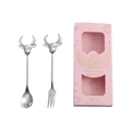 Silver stainless steel cow-head spoon and fork gift set in pink box packaging - Silver Spoon Fork Set + Pink Box
