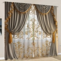 Elegant set of grey fabric curtains and gold patterned sheer drapes with tassels - W2m x H2m / Grey Gold Baroque
