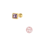 Macro view of S925 sterling silver square earring with purple stone and screw back - Square Threaded Stud / Gold-Purple Zirconia