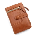 Brown PU leather trifold short wallet for women featuring buckle and zipper closure - Coffee
