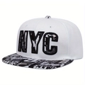 Flat brim snapback cap with white crown and NYC 3D embroidery featuring newspaper print - White