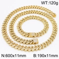 Golden hip hop cuban chain set with sparkling rhinestones for men and women - 11mm Gold Color Set (KS218417-MZOZ)