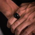 Men's vintage black stainless steel signet ring with a round cabochon green gemstone - US-8 / Gun Black-Green Amber