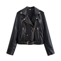Women's black PU leather motorcycle jacket with gold zippers and waist belt - XS / Black