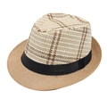 Chapeau Trilby en paille avec calotte à carreaux et ruban en satin noir pour hommes - M(56-58cm) / Carreaux Beige-Marron / Bord Marron Clair (Couleur 3)