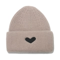 Beigefarbene Strickmütze für Damen mit schwarzem Herz-Patch und gerippter Textur - M (56-58cm) / Beige