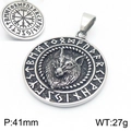 Viking wolf head pendant necklace with rune circle and Vegvisir compass 41mm charm - Runic Wolf Head Round Relief / Wolf Head Pendant (KP116179-MZOZ)