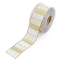 Creamy white ribbon with golden metallic stripes and checkered patterns for gift wrapping - White & Gold Plaid Ribbon Width 4cm (10m/Roll)