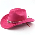 Detail of fuchsia western cowboy hat featuring ethnic woven band and white seashell accent - M (56-58cm) / Rose Red