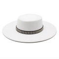 Detail of white wool fedora hat featuring black band with silver metal square rivets - M (56-58cm) / White