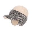 Winter knit baseball cap with earflaps in beige and black grey patchwork design - 8969-Beige / Beige