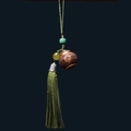 Green sandalwood bottle pendant with Peace engraving and vibrant green silk tassels - Approx. 2.4x2.2cm / Pearwood Lantern Style - No Aroma Pill