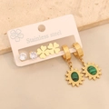 Set of 3 pairs of vintage gold stainless steel earrings with malachite and zircon stones - Clover and Green Bead Style (2#) / 3 Pairs Set