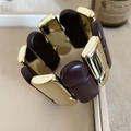 Macro shot of minimalist brown acrylic and gold metal link bracelet with elastic band - 10# Bracelet - Gold Coffee Spliced (Geometric)