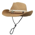 Brown woven denim style straw hat with turquoise star ornament and adjustable chin strap - M (56-58cm) / Khaki