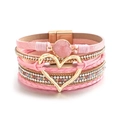 Bracciale multistrato in pelle rosa con ciondolo a cuore e brillanti accenti di strass - Bracciale Multistrato Pietra Rosa