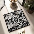Square diatom mud bath mat with black and white rose pattern and LUCKY lettering - Lucky Floral Rhyme