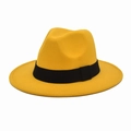 Detailed view of yellow wool fedora hat featuring a classic black ribbed grosgrain ribbon band - M (56-58cm) / Yellow