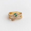 Macro detail of golden snake ring with green stone eyes and white cubic zirconia crystals - Green Eye Serpentine Style (Style 6)