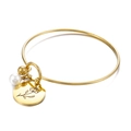 Minimalistischer Gold-Armreif aus Edelstahl mit weißer Perle und floralem Münzanhänger - Februar Veilchen-Gold (KB158031-Z)