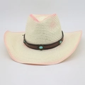 Sombrero de vaquero de paja bohemio con ala degradada rosa y banda de turquesa - Talla única (Degradado) / Blanco Leche (Con Cuerda Turquesa)
