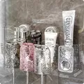 Three-cup wall mount toothbrush holder with ripple texture cups and toothpaste dispenser - 3 Cups (Clear & Pink & Grey) + Bow + Dispenser