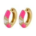 Detailed close-up of gold rectangular earrings with pink enamel and diamond accents - Red Rhombus Rhinestones