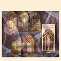 Oranje vintage PET-stickers met goudfolie en holografische glas-in-loodraam patronen - Oranjegeel Venster