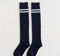 Navy blue cotton over-knee socks with white double stripes in preppy athletic style - Navy Double Striped