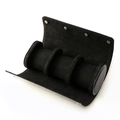 Three-slot black leather watch roll organizer with soft velvet cushions for travel - 3-Slot Style / Black