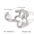 Detailed view of silver stainless steel adjustable ring featuring a hollow flower design - Silver Hollow Five-petal Flower Open Ring (HC-R30420-S)