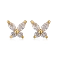 Detailed view of gold butterfly stud earrings with white marquise and round cubic zirconia - Gold Zircon Butterfly