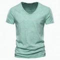 Close-up of mint green V-neck T-shirt showing premium slub cotton texture and fabric detail - S / V-Neck / Light Green