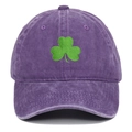 Detail shot of green clover embroidery on vintage purple washed cotton baseball cap - Purple