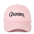 Close-up of pink baseball cap with black Groom embroidery and premium cotton texture - Groom (GROOM) / Pink