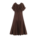 Vestido midi de mujer marrón oscuro con mangas abullonadas, lazo trasero y textura plisada - XS / Marrón
