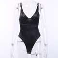 Front detail of black bodysuit featuring satin finish cups and thin spaghetti straps - XS / Black