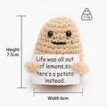 Close-up of handmade crochet potato doll with encouraging card showing knit textures - Potato Card L