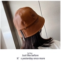 Detail shot of brown faux leather bucket hat featuring a stylish side metal zipper design - Flat Top with Zipper Decor / Yellow