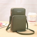 Dark green leather crossbody phone bag with three-layer zipper and litchi texture - Dark Green