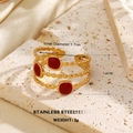 Anillo multicapa de acero inoxidable dorado con tres gotas de esmalte cuadradas rojas - Estilo De Esmalte Rojo Triple Cuadrado (989)