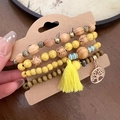 Bohemian multilayer sandalwood beads bracelet with life tree charm and yellow tassel - Yellow