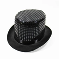 Close-up of black top hat with silver sequins and satin ribbon for stage performance - Adult One Size 58cm / Black