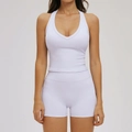 Conjunto de yoga lila para mujer con top de cuello halter y pantalones cortos - S / Chaleco 1 + Shorts — Púrpura Romántico