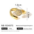 Gold stainless steel open ring with pave set cubic zirconia disk and pearl detail - Gold Open Disk Pave Zirconia Stainless Steel Ring (NB-R24075)