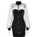 Sexy schwarzes Bodycon Kleid mit Mesh Patchwork goldene Knöpfe und hohem Kragen Damen - S / Schwarz