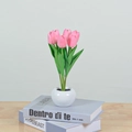 Pink tulip night light in a white ceramic pot on decorative books for home decor - 6 Heads-Full Pink-Battery Style