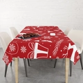 Detailed top view of red Christmas tablecloth with white reindeer and snowflake patterns - 40x70cm / Red Background White Snowflakes Reindeer Pine Branch Print