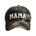 Close-up of white MAMA towel embroidery on vintage camo washed cotton baseball cap - Adjustable / Camouflage