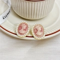 Pink cameo earrings with pearl border and gold plated base in vintage French style - Oval Cameo Pearl Stud Earrings (22#) / Pink White
